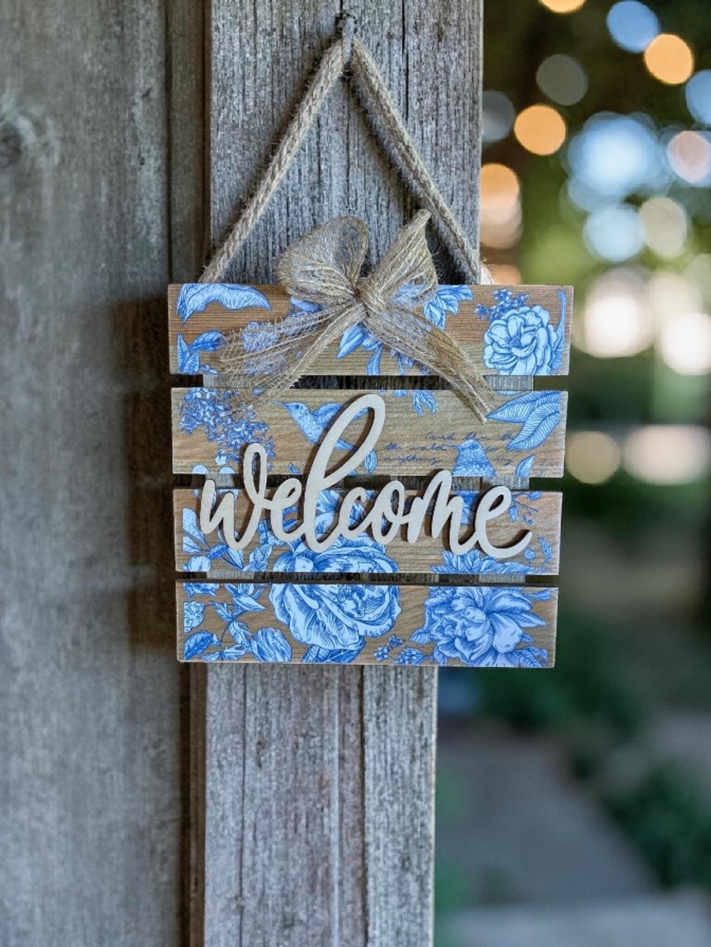 Wooden "Welcome" Sign with Blue Floral Design - Picture 3 of 4